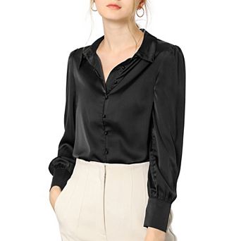 Women's Satin Blouse Puffy Long Sleeve Collared Button Down Shirt Office Work Tops Business Casual