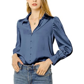 Women's Satin Blouse Puffy Long Sleeve Collared Button Down Shirt Office Work Tops Business Casual