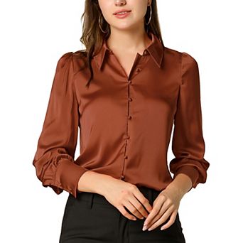 Women's Satin Blouse Puffy Long Sleeve Collared Button Down Shirt Office Work Tops Business Casual