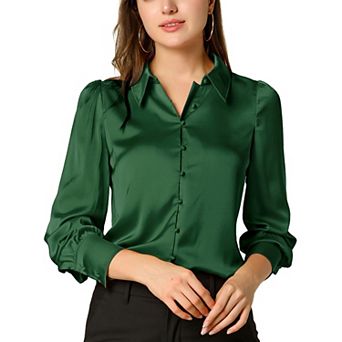 Women's Satin Blouse Puffy Long Sleeve Collared Button Down Shirt Office Work Tops Business Casual