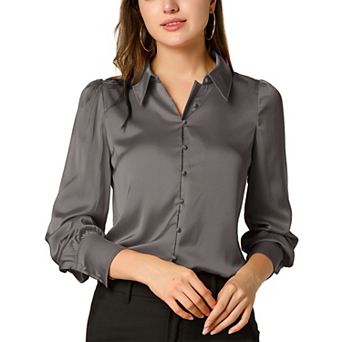Women's Satin Blouse Puffy Long Sleeve Collared Button Down Shirt Office Work Tops Business Casual
