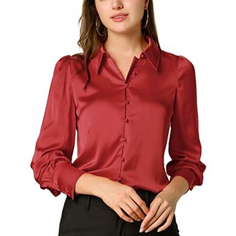 Women's Satin Blouse Puffy Long Sleeve Collared Button Down Shirt Office Work Tops Business Casual