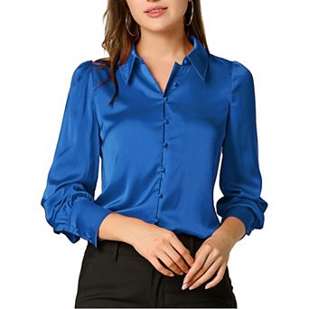 Women's Satin Blouse Puffy Long Sleeve Collared Button Down Shirt Office Work Tops Business Casual