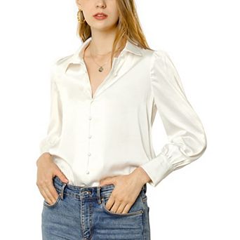 Women's Satin Blouse Puffy Long Sleeve Collared Button Down Shirt Office Work Tops Business Casual