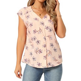 Women's Floral Shirt V Neck Cap Sleeve Smocked Shoulder Dressy Button Down Shirts Casual Summer Tops
