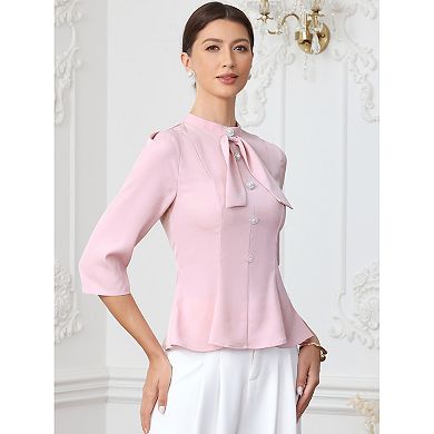 Elegant Work Shirts for Women's 3/4 Sleeve Mock Neck Buttons Office Formal Blouses