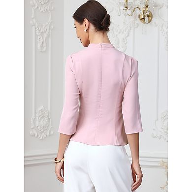 Elegant Work Shirts for Women's 3/4 Sleeve Mock Neck Buttons Office Formal Blouses