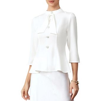 Elegant Work Shirts for Women's 3/4 Sleeve Mock Neck Buttons Office Formal Blouses