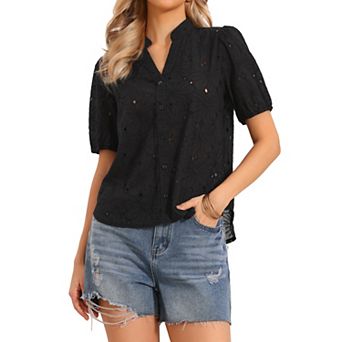 Short Sleeve Summer Tops for Women Casual V Neck Hollow Out Eyelet Top Shirts