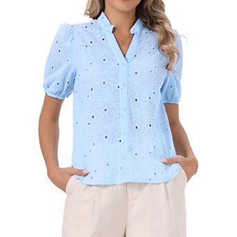 Short Sleeve Summer Tops for Women Casual V Neck Hollow Out Eyelet Top Shirts