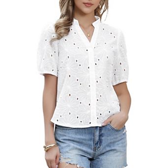 Short Sleeve Summer Tops for Women Casual V Neck Hollow Out Eyelet Top Shirts