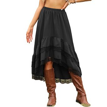 Flowy Fairy Skirt for Women Lace Ruffled Asymmetrical High Waist Vintage Skirts