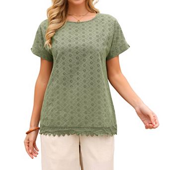 Women's Summer Eyelet Tops Casual Short Sleeve Crewneck Contrast Lace Hem Solid Blouses