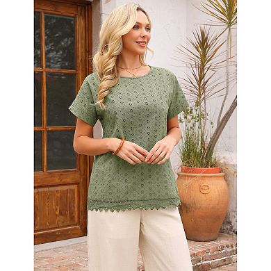 Women's Summer Eyelet Tops Casual Short Sleeve Crewneck Contrast Lace Hem Solid Blouses