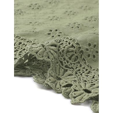 Women's Summer Eyelet Tops Casual Short Sleeve Crewneck Contrast Lace Hem Solid Blouses