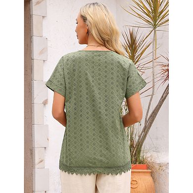 Women's Summer Eyelet Tops Casual Short Sleeve Crewneck Contrast Lace Hem Solid Blouses
