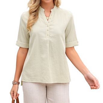Women's Button Down Shirts Cotton Short Sleeve Tops V Neck Casual Loose Fit Tunic Work Blouses