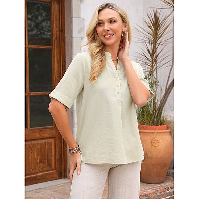Women's Button Down Shirts Cotton Short Sleeve Tops V Neck Casual Loose Fit Tunic Work Blouses