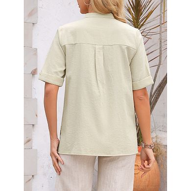 Women's Button Down Shirts Cotton Short Sleeve Tops V Neck Casual Loose Fit Tunic Work Blouses