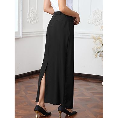 Work Pencil Skirt for Women's High Waist Pockets Slip Back Office Midi Bodycon Skirts