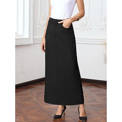 Work Pencil Skirt for Women's High Waist Pockets Slip Back Office Midi Bodycon Skirts