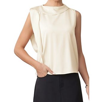 Work Top for Women Satin Sleeveless Mock Neck Shoulder Buttons Summer Dressy Business Casual Blouse
