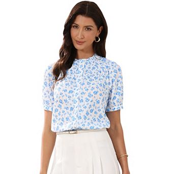 Summer Floral Blouses for Women's Ruffle Neck Puffy Short Sleeve Smocked Shirts