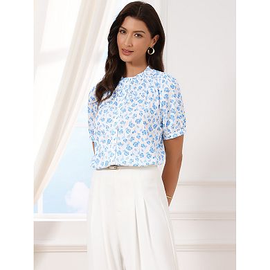 Summer Floral Blouses for Women's Ruffle Neck Puffy Short Sleeve Smocked Shirts
