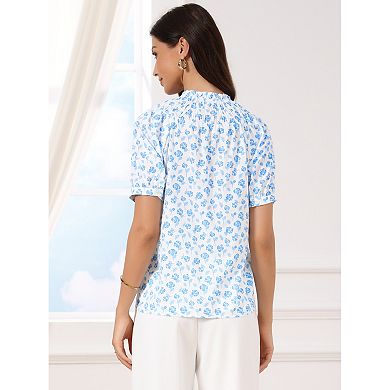 Summer Floral Blouses for Women's Ruffle Neck Puffy Short Sleeve Smocked Shirts