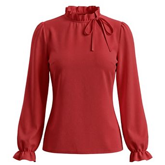 Women's Spring Blouse Long Sleeve Ruffle Tie Neck Business Work Dressy Office Top