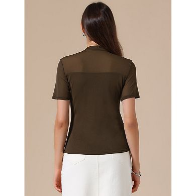 Summer Mock Turtle Neck Short Sleeve Tops for Women Sheer Mesh Shirts Basic Going Out Outfits