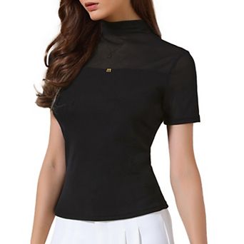 Summer Mock Turtle Neck Short Sleeve Tops for Women Sheer Mesh Shirts Basic Going Out Outfits