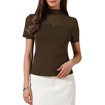 Summer Mock Turtle Neck Short Sleeve Tops for Women Sheer Mesh Shirts Basic Going Out Outfits