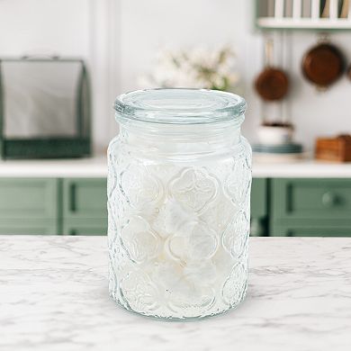 Round Flower Pattern Decorative Glass Jar with Lid 23.67oz 1 Pc