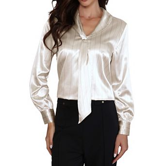 Satin Blouses for Women Striped Long Sleeve Tie Neck Office Shirt