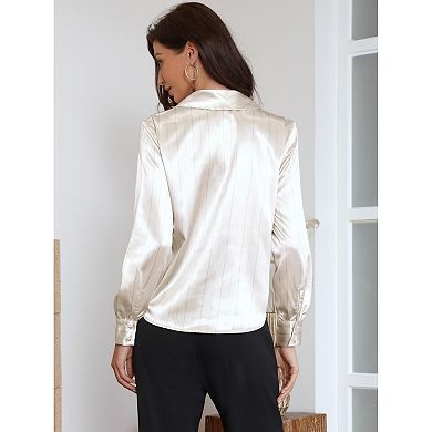 Satin Blouses for Women Striped Long Sleeve Tie Neck Office Shirt