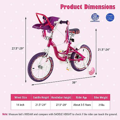 Kids Bike 14 Inch with Training Wheels and Doll Seat