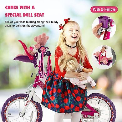 Kids Bike 14 Inch with Training Wheels and Doll Seat