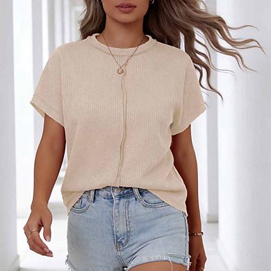 Women's Waffle-Knit Short-Sleeve Crew Neck Tunic Oversized Breathable Vacation Top