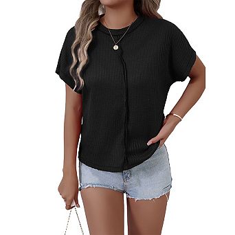 Women's Waffle-Knit Short-Sleeve Crew Neck Tunic Oversized Breathable Vacation Top