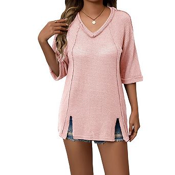 Women's Waffle-Knit V-Neck Short-Sleeve Tunic Top Cute Breathable Casual Daily Wear