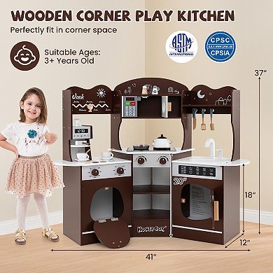 Corner Wooden Play Kitchen with Utensils and Storage