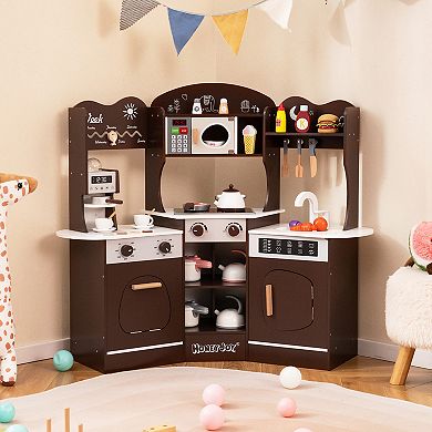Corner Wooden Play Kitchen with Utensils and Storage
