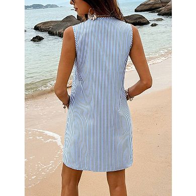 Women's Striped Sleeveless Halter Mini Dresses Pocketed Casual Summer Dress