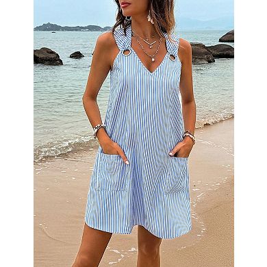 Women's Striped Sleeveless Halter Mini Dresses Pocketed Casual Summer Dress