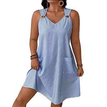 Women's Striped Sleeveless Halter Mini Dresses Pocketed Casual Summer Dress