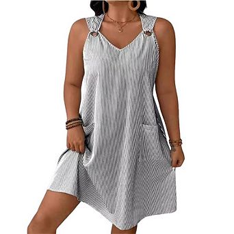 Women's Striped Sleeveless Halter Mini Dresses Pocketed Casual Summer Dress