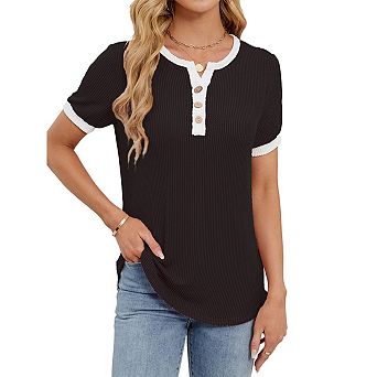 Women's Striped Contrast-Trim Short-Sleeve T-Shirt Cute Ribbed Henley Casual Daily Top