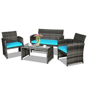 4 pc Patio Rattan Furniture Set with Cushions-Turquoise