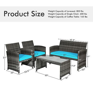 4 Piece Patio Furniture Set with Cushions and Glass Coffee Table